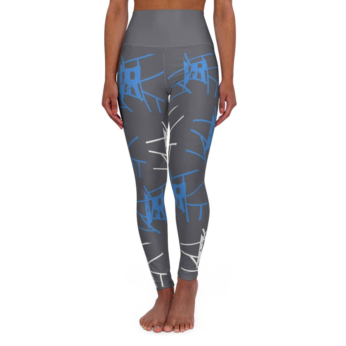 Leggings de yoga de cintura alta con estampado integral en gris frío IR y logotipo azul claro/blanco (POD)