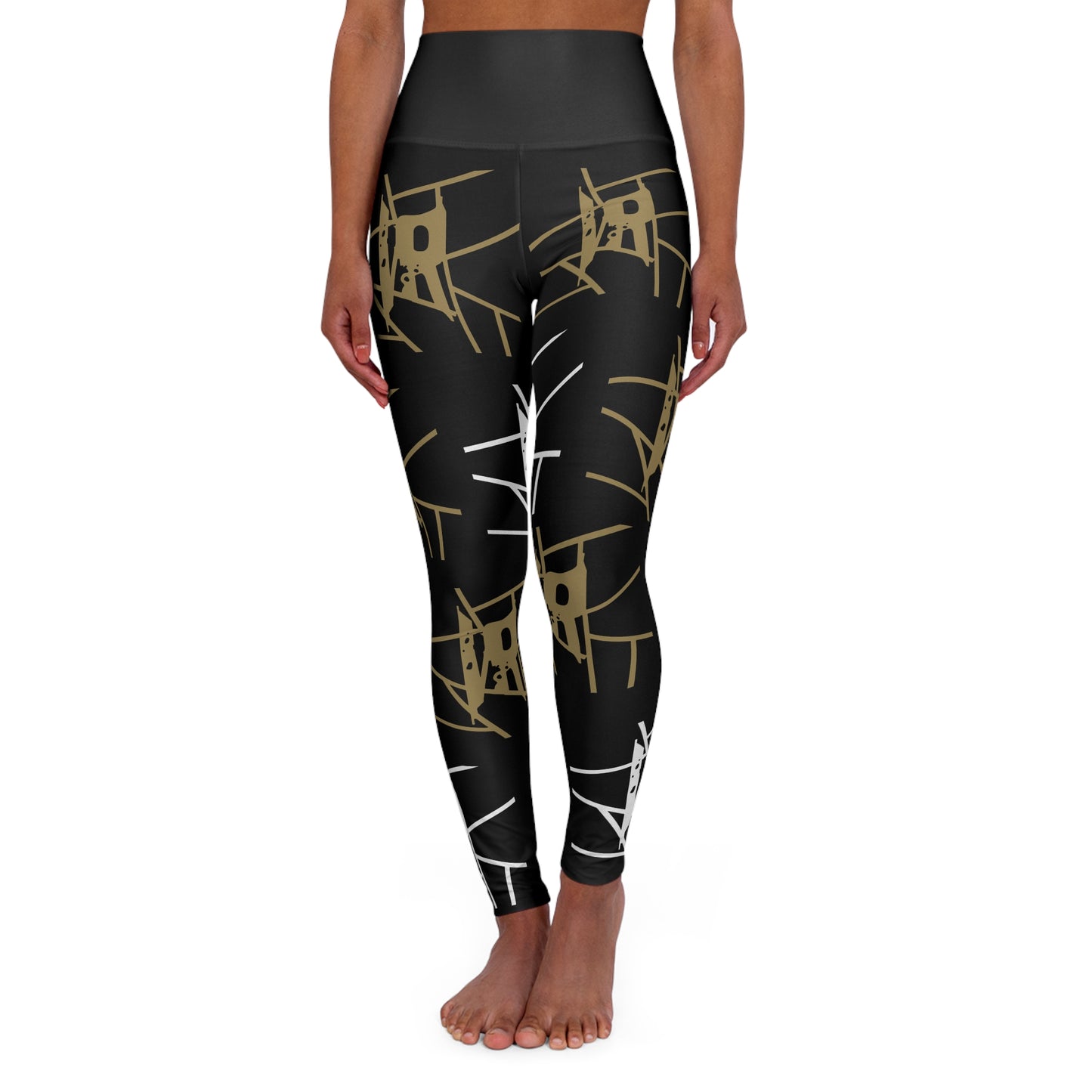 Leggings de yoga de cintura alta con estampado integral en negro IR y logotipo blanco/dorado (POD)