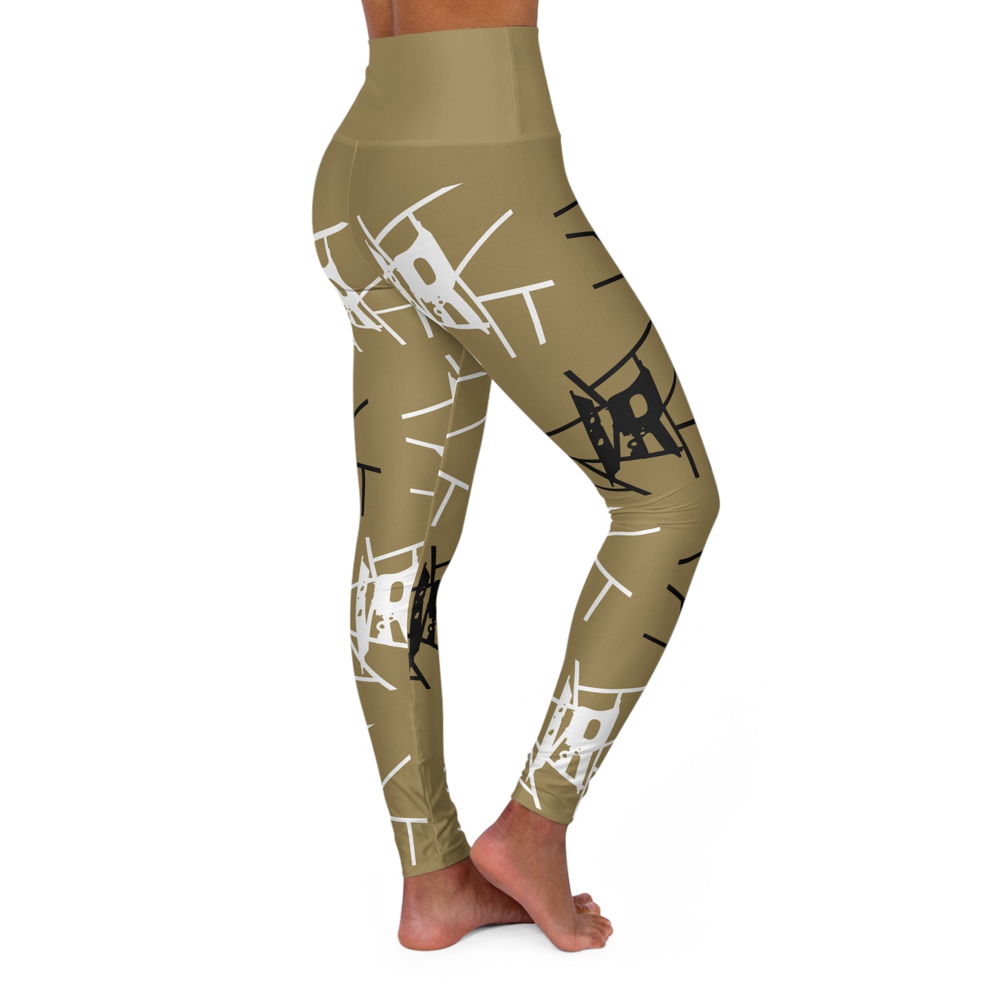 Leggings de yoga de cintura alta con estampado integral IR Gold y logotipo en blanco y negro (POD)