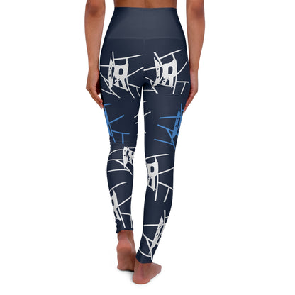 IR Navy Blue All Over Print High Waisted Yoga Leggings with light blue/white logo