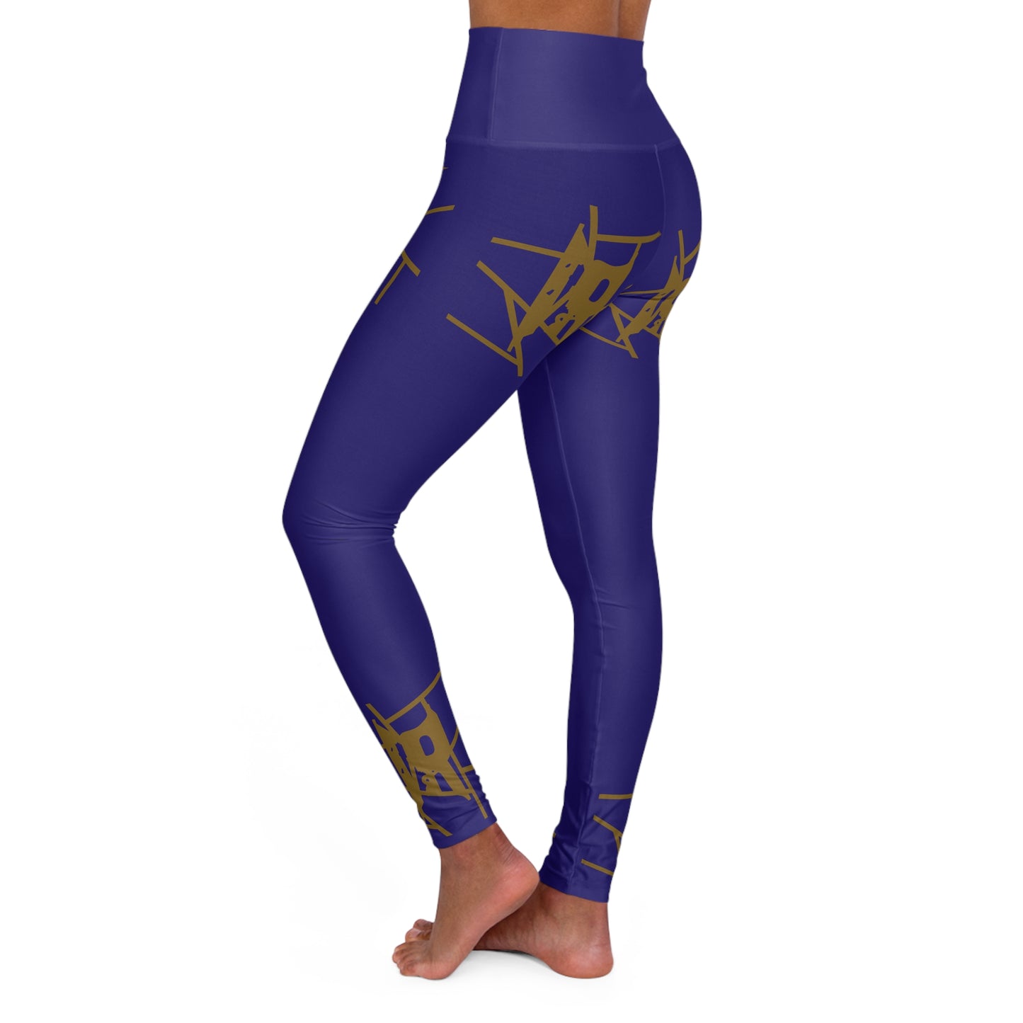 Leggings de yoga de cintura alta morados IR con logotipo dorado/negro (POD)