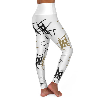 IR White All Over Print High Waisted Yoga Leggings with black/gold logo