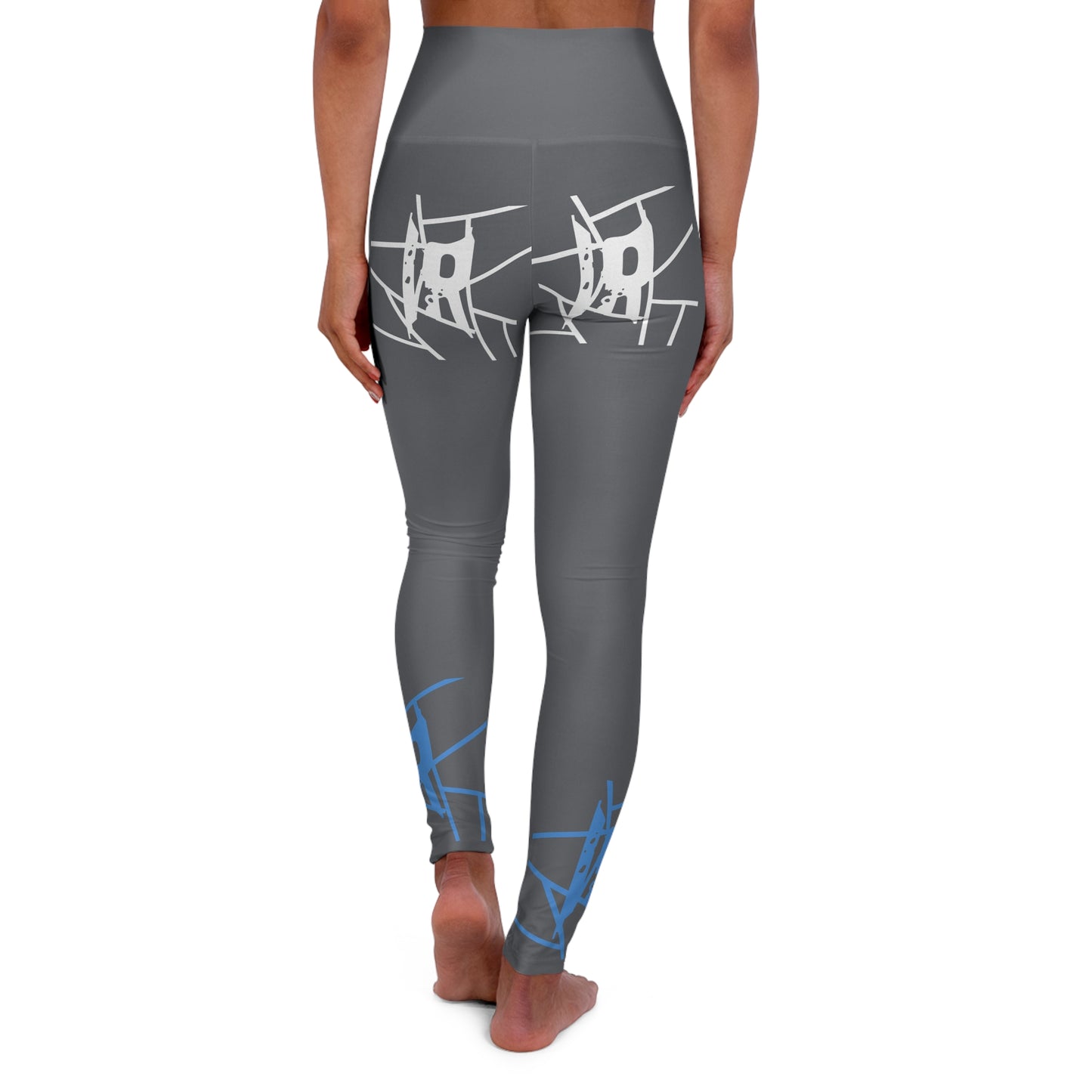 IR Cool Grey High Waisted Yoga Leggings with light blue/white logo