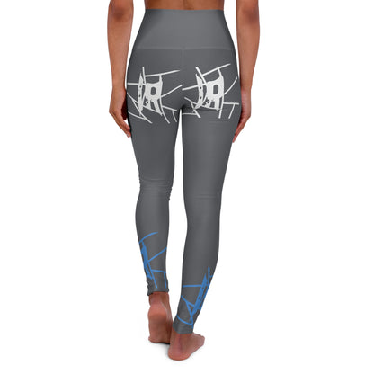 Leggings de ioga IR Cool cinza de cintura alta com logotipo azul claro/branco (POD)