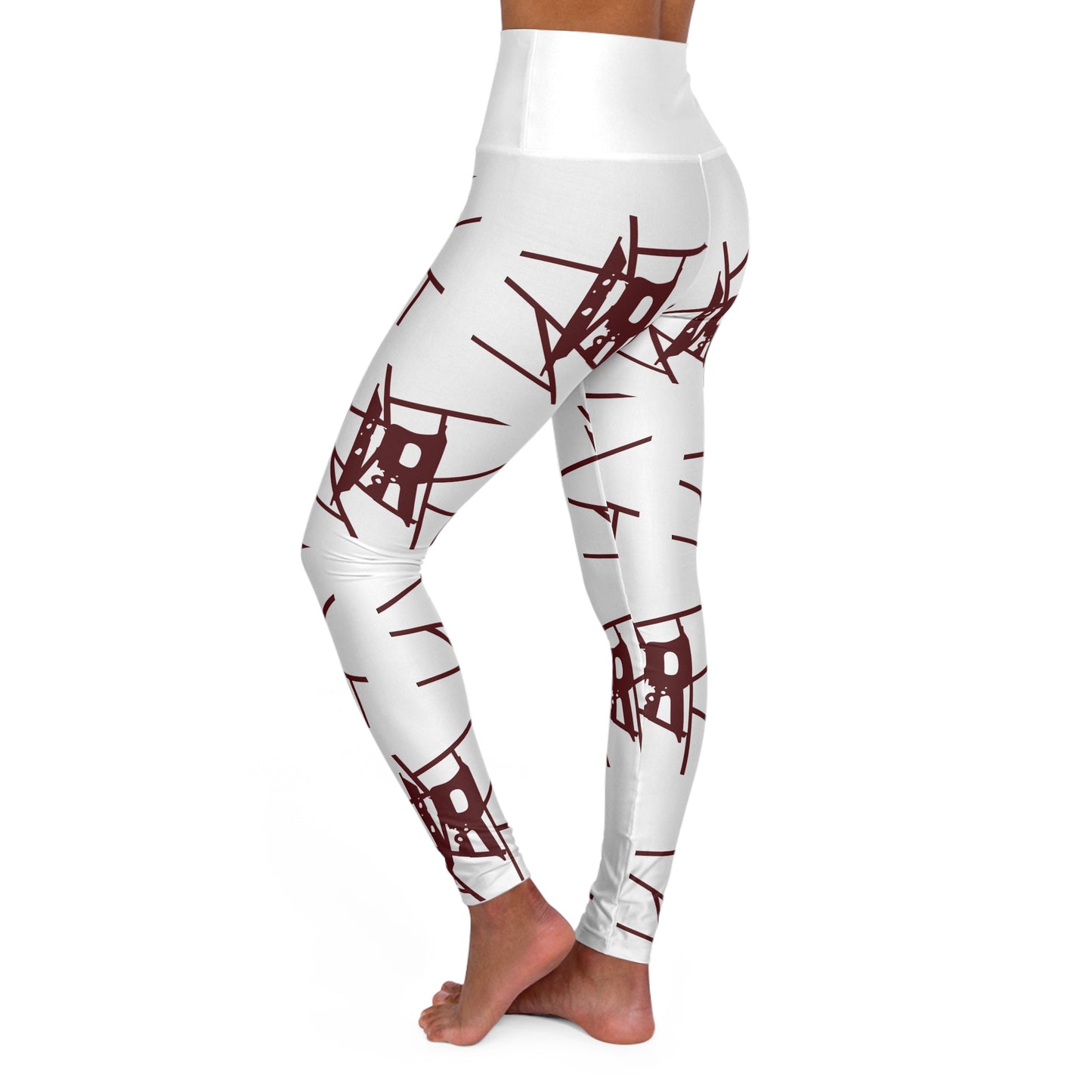 IR White All Over Print High Waisted Yoga Leggings With maroon logo