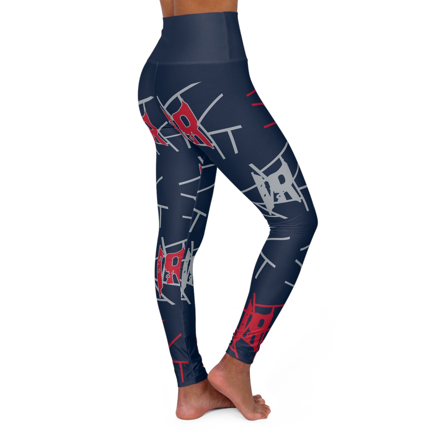 IR Nautical Blue All Over Print High Waisted Yoga Leggings with Silver/Red logo