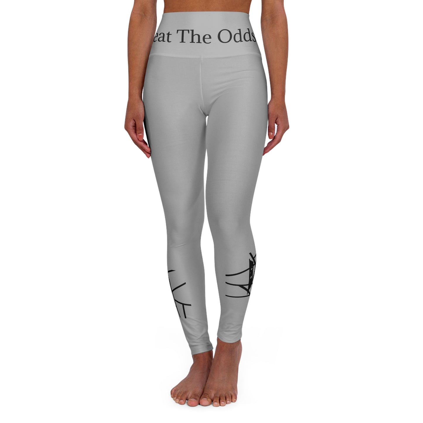 Leggings de ioga IR cinza claro Beat The Odds/Believe de cintura alta com logotipo preto (POD)