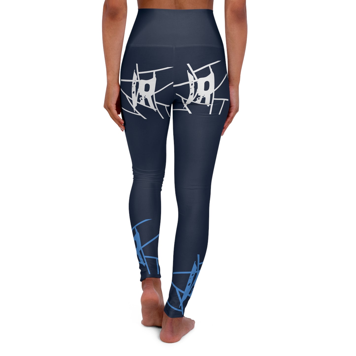 Leggings de yoga de cintura alta en azul marino IR con logo azul claro/blanco (POD)