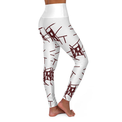 Leggings de yoga de cintura alta con estampado integral en blanco IR y logo granate (POD)