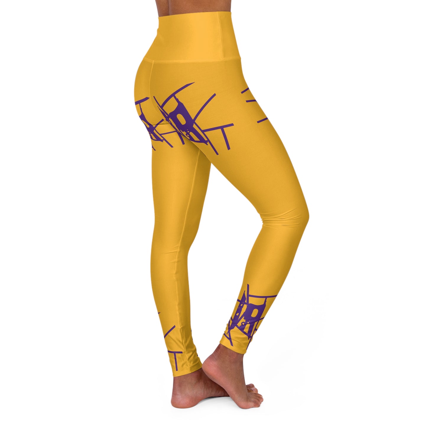 Leggings de yoga de cintura alta IR Gold con logo morado (POD)