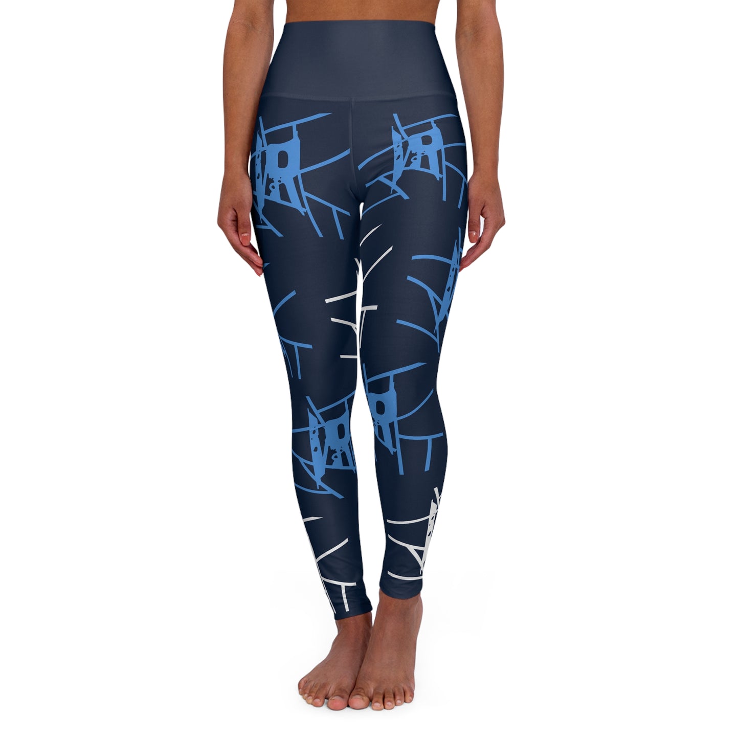 IR Navy Blue All Over Print High Waisted Yoga Leggings with light blue/white logo