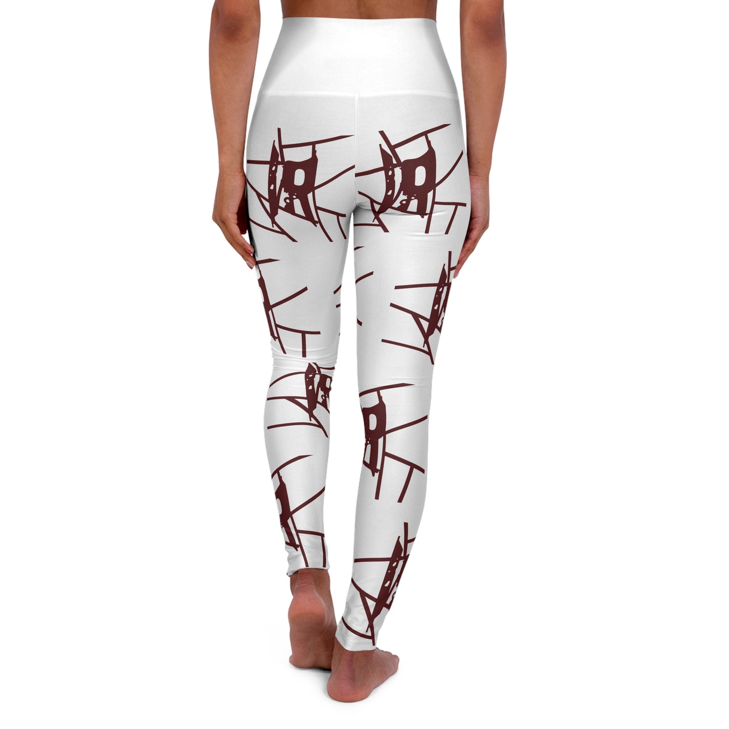 IR White All Over Print High Waisted Yoga Leggings With maroon logo