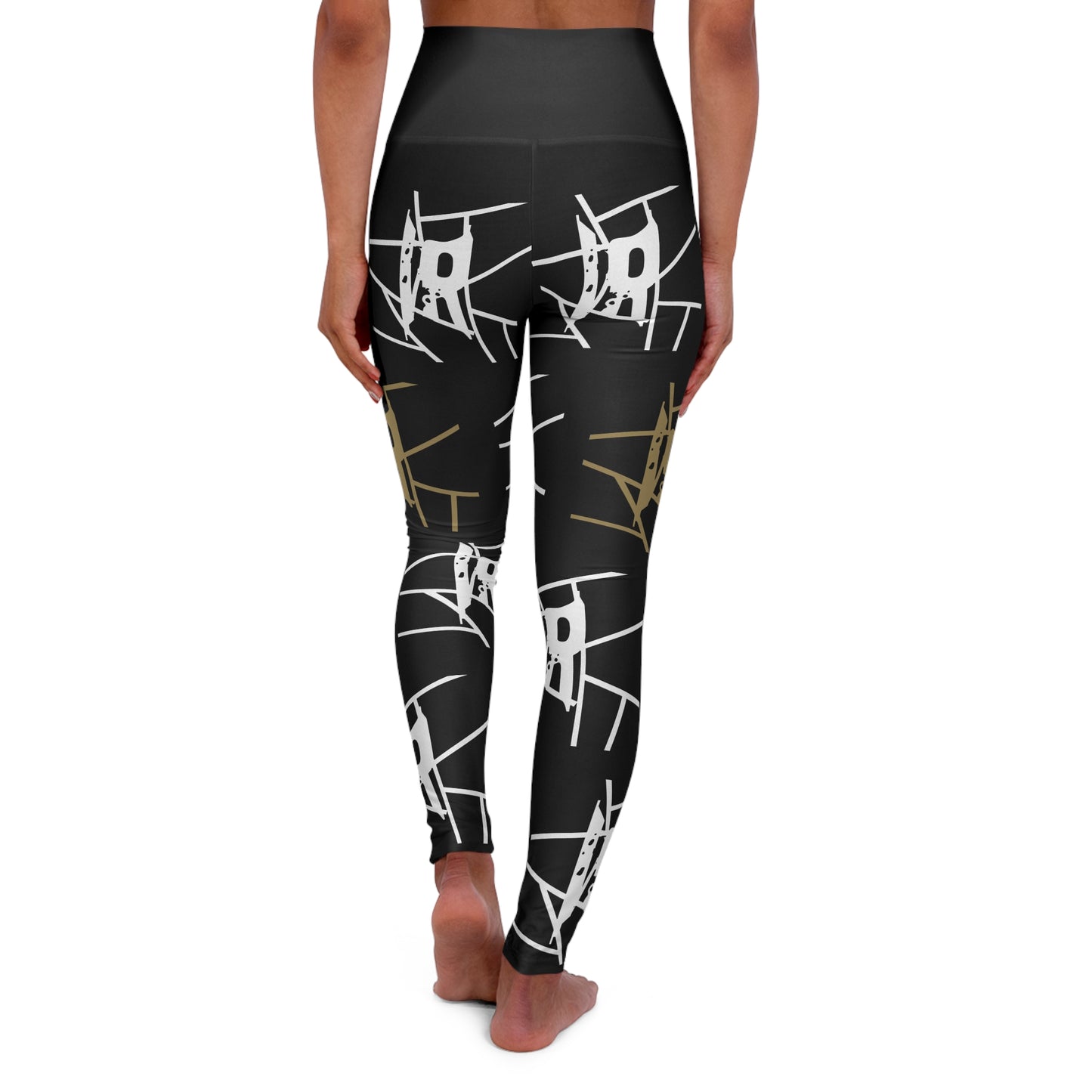 Leggings de yoga de cintura alta con estampado integral en negro IR y logotipo blanco/dorado (POD)