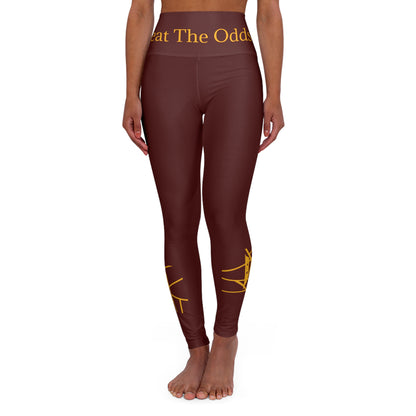 IR Burgundy Beat The Odds/Believe High Waisted Yoga Leggings with gold logo