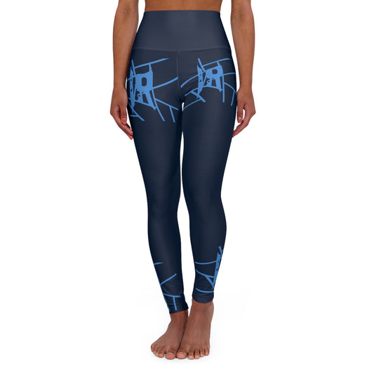 IR Navy Blue High Waisted Yoga Leggings with light blue/white logo