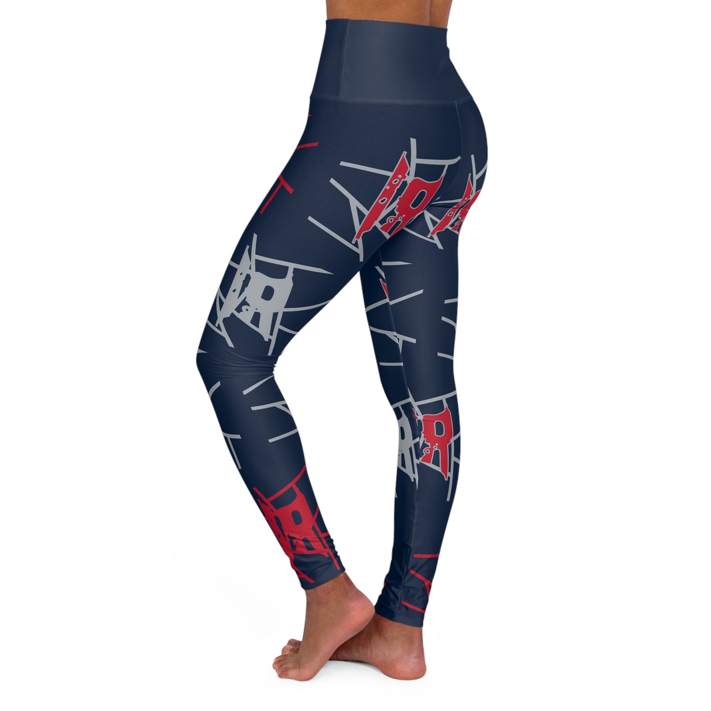 IR Nautical Blue All Over Print High Waisted Yoga Leggings with Silver/Red logo