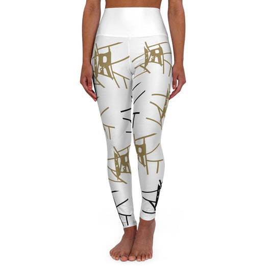 IR White All Over Print High Waisted Yoga Leggings with black/gold logo