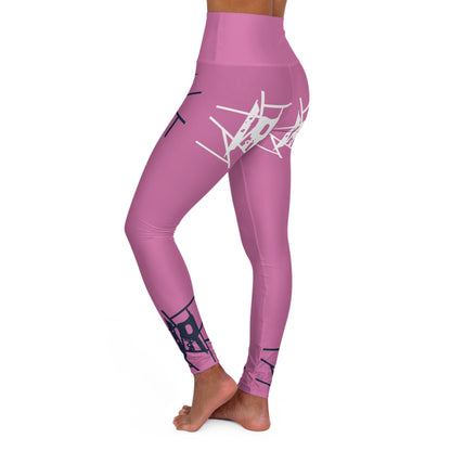 Leggings de ioga rosa IR de cintura alta com logotipo azul claro / branco (POD)