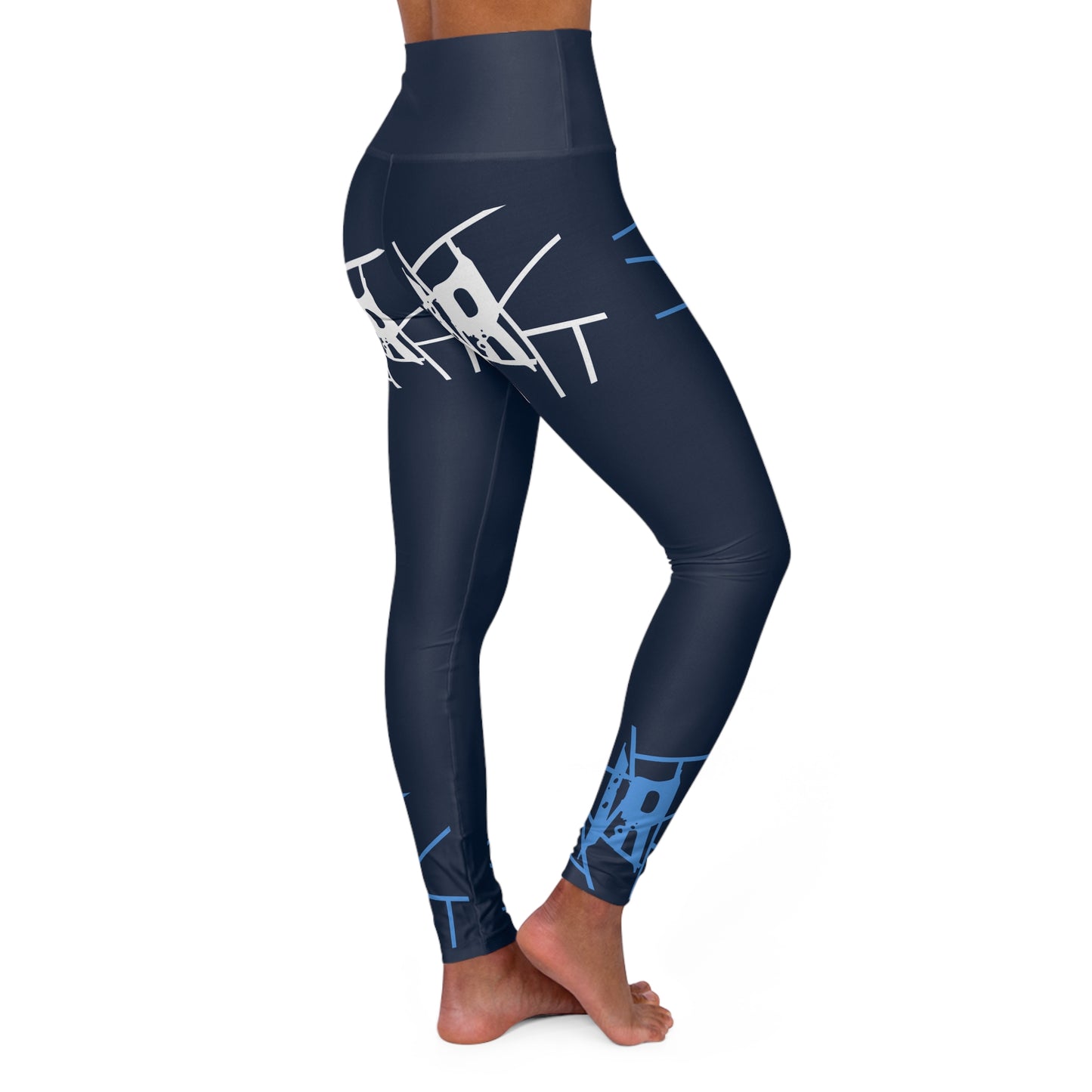 Leggings de yoga de cintura alta en azul marino IR con logo azul claro/blanco (POD)