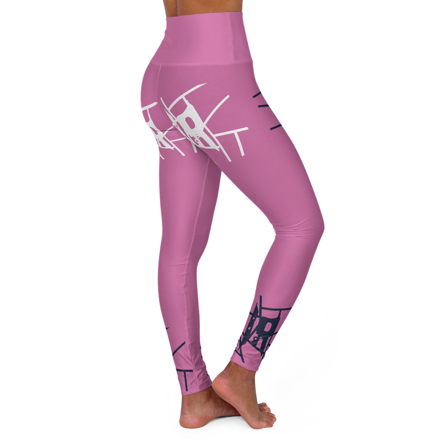 Leggings de ioga rosa IR de cintura alta com logotipo azul claro / branco (POD)