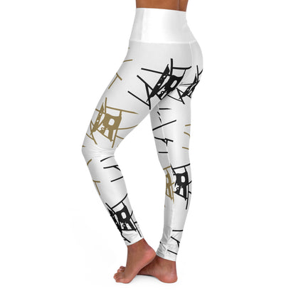 IR White All Over Print High Waisted Yoga Leggings with black/gold logo