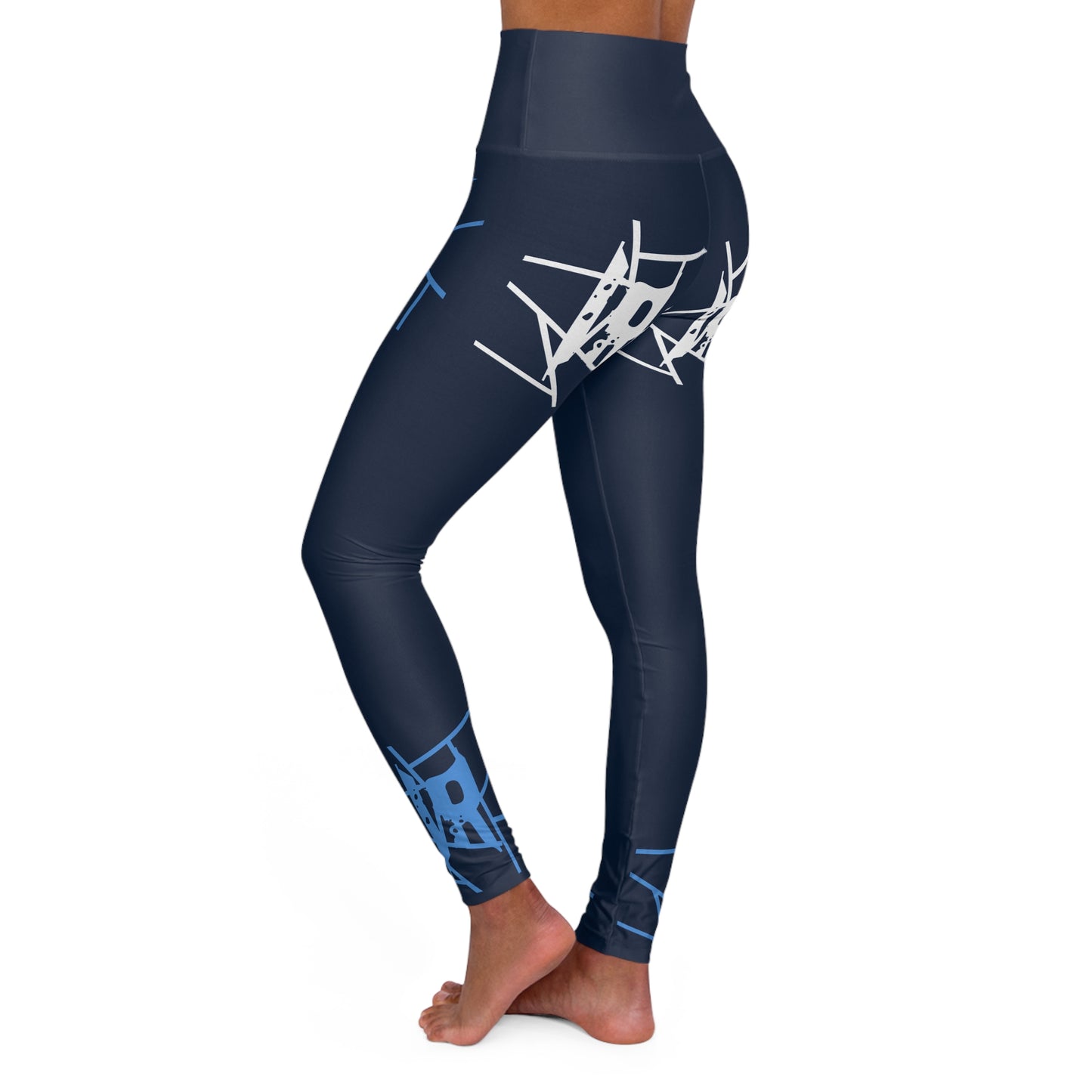 Leggings de yoga de cintura alta en azul marino IR con logo azul claro/blanco (POD)