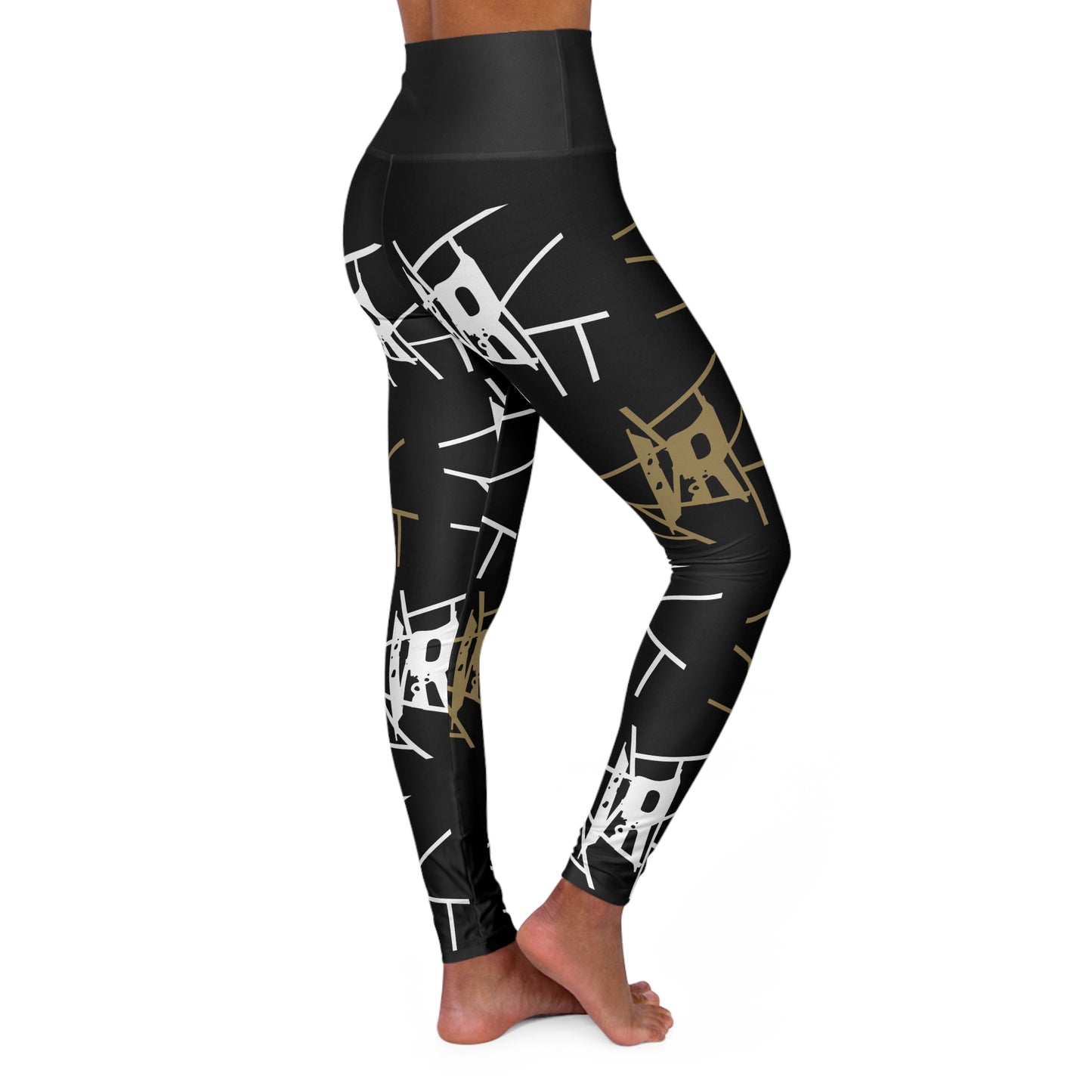 Leggings de ioga IR pretas com estampa completa de cintura alta e logotipo branco/dourado (POD)