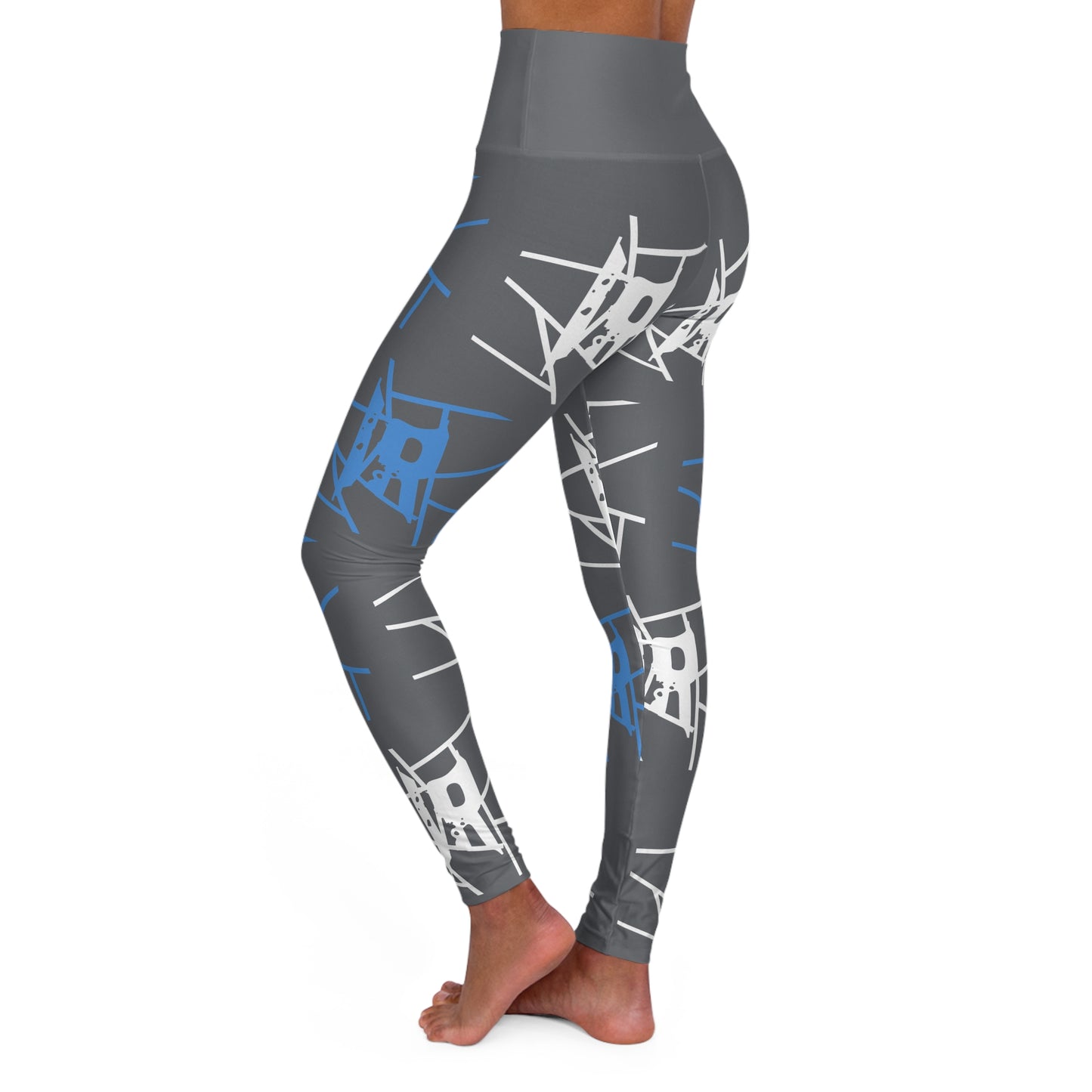 Leggings de ioga IR Cool Grey com estampa completa de cintura alta e logotipo azul claro/branco (POD)