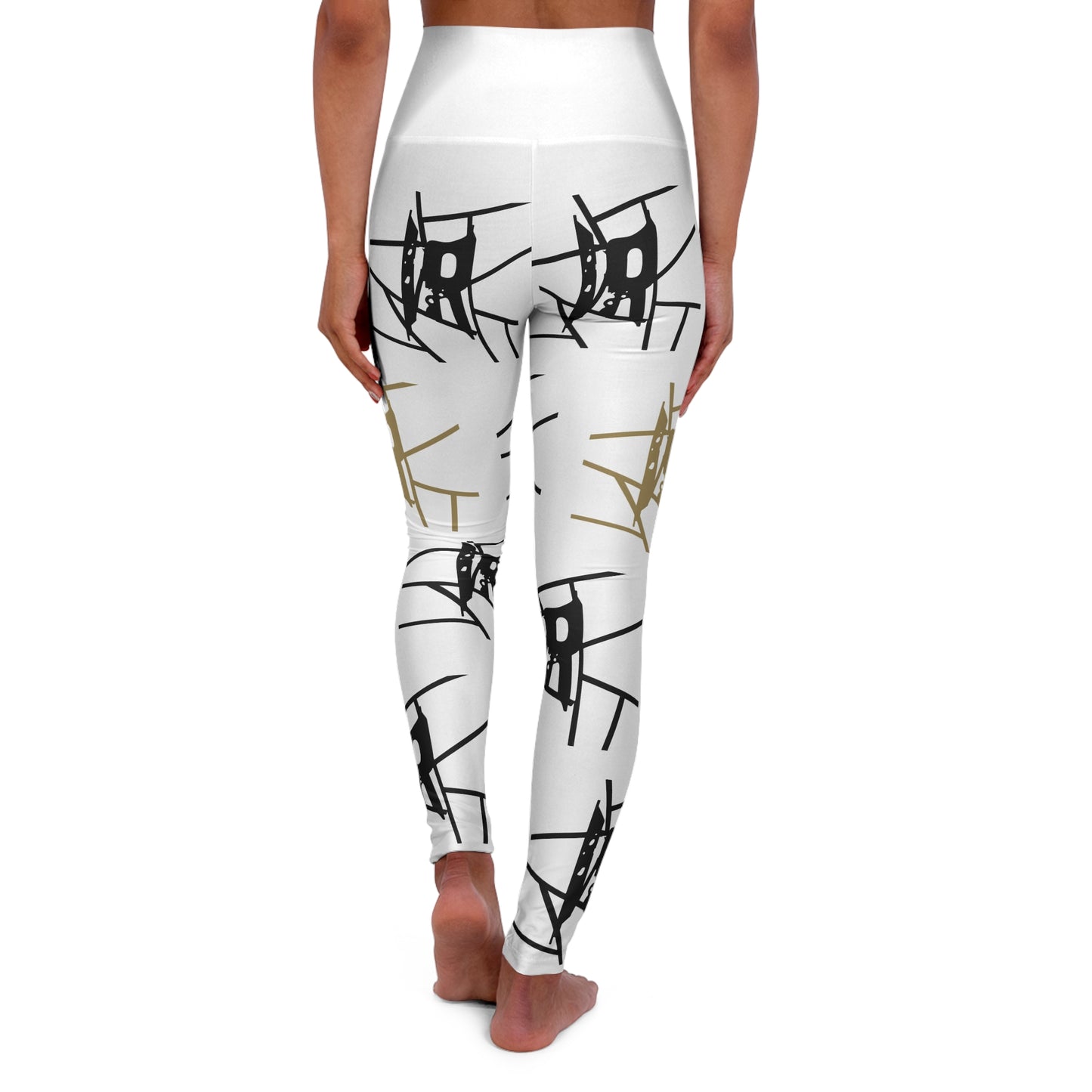 IR White All Over Print High Waisted Yoga Leggings with black/gold logo