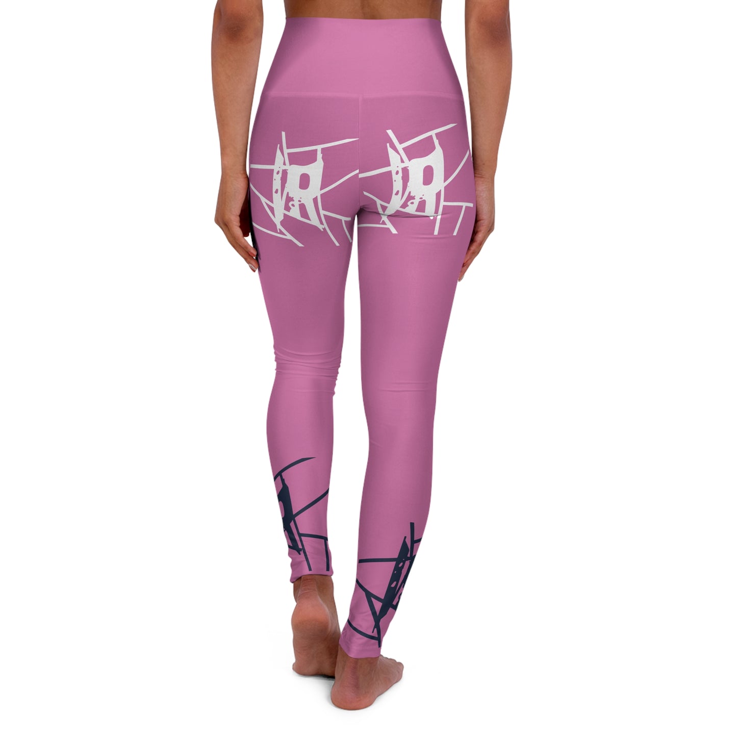 Leggings de ioga rosa IR de cintura alta com logotipo azul claro / branco (POD)