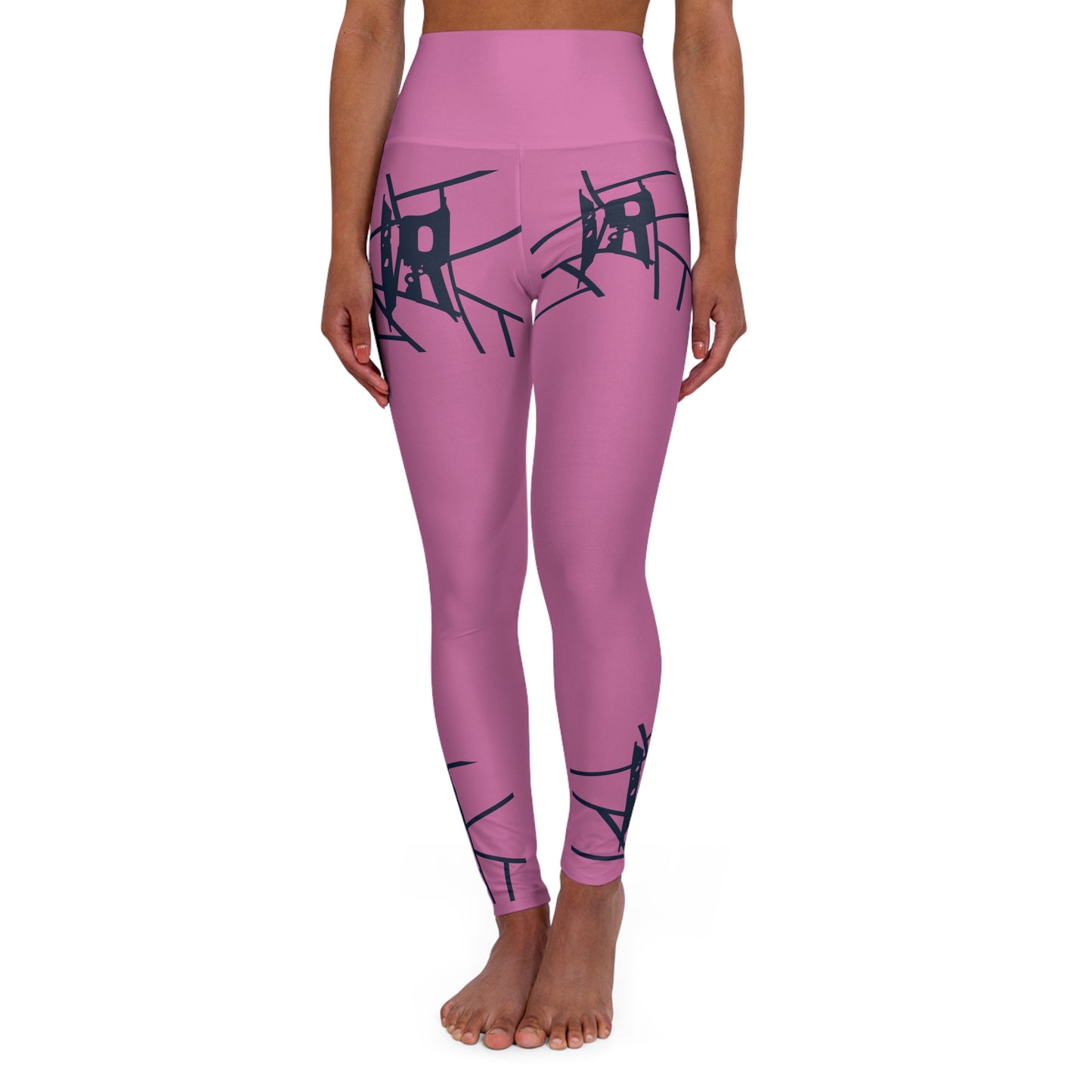 Leggings de ioga rosa IR de cintura alta com logotipo azul claro / branco (POD)