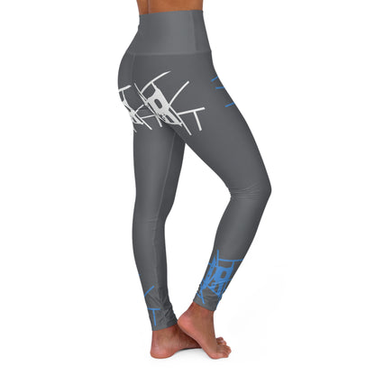 IR Cool Grey High Waisted Yoga Leggings with light blue/white logo