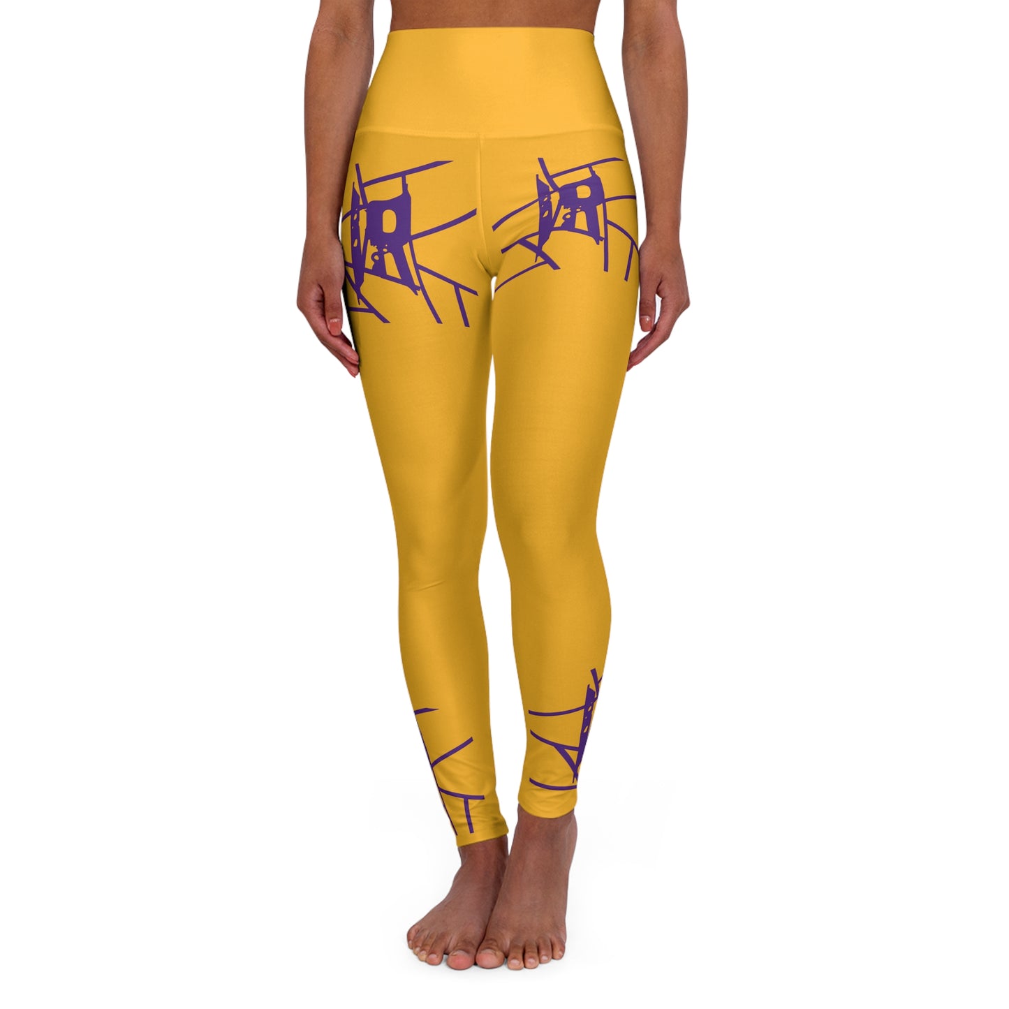 Leggings de yoga de cintura alta IR Gold con logo morado (POD)