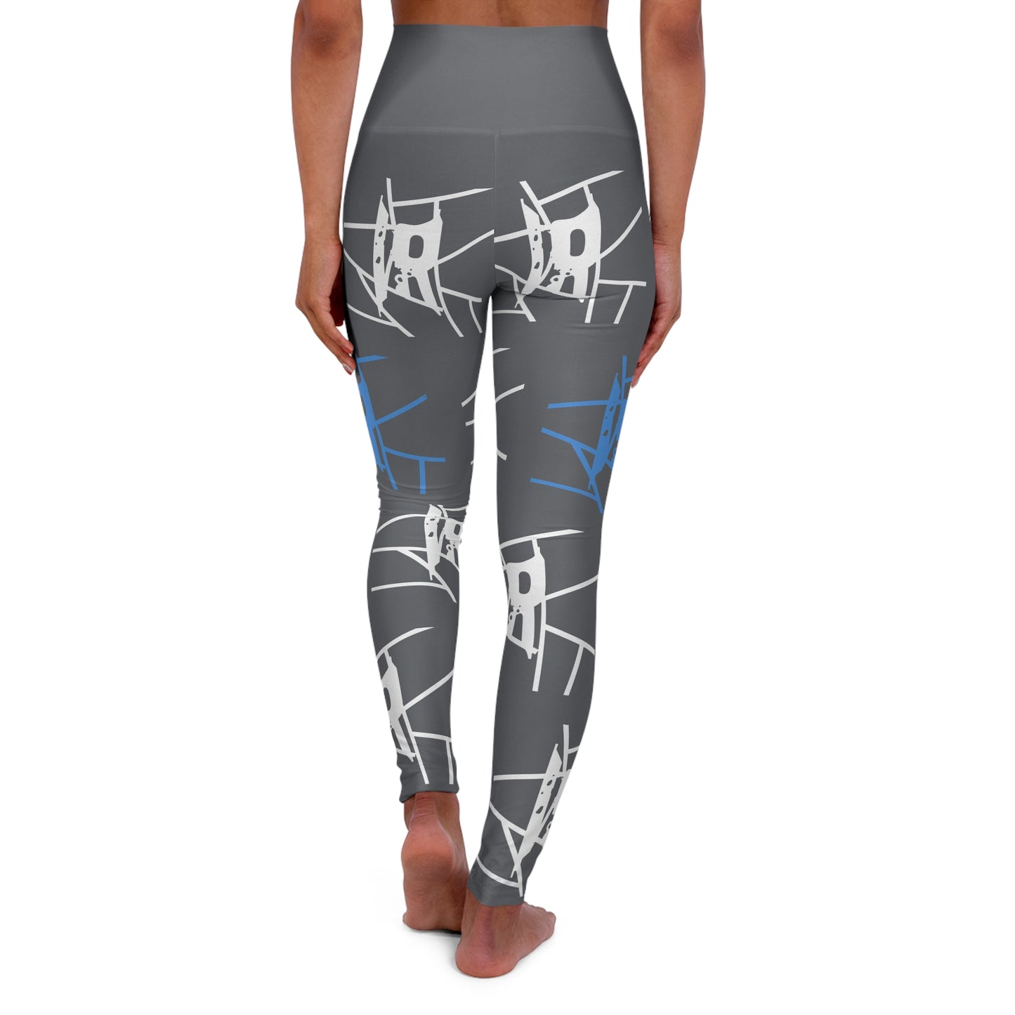 Leggings de ioga IR Cool Grey com estampa completa de cintura alta e logotipo azul claro/branco (POD)