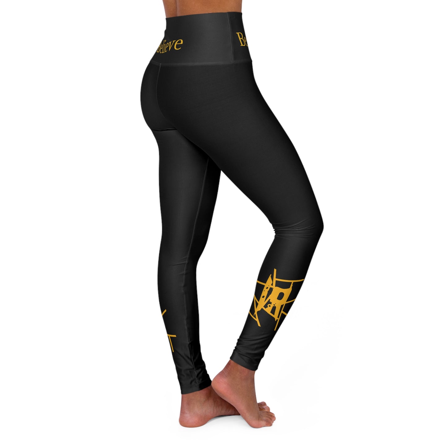 IR Black – Leggings de ioga de cintura alta Beat The Odds/Believe com logotipo amarelo (POD)