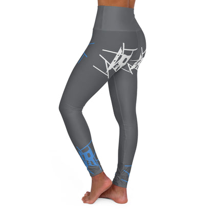 Leggings de ioga IR Cool cinza de cintura alta com logotipo azul claro/branco (POD)