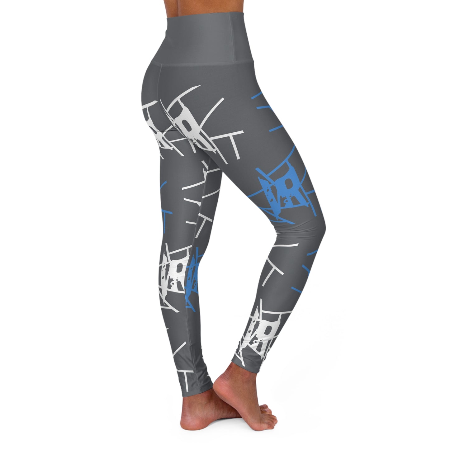 Leggings de ioga IR Cool Grey com estampa completa de cintura alta e logotipo azul claro/branco (POD)