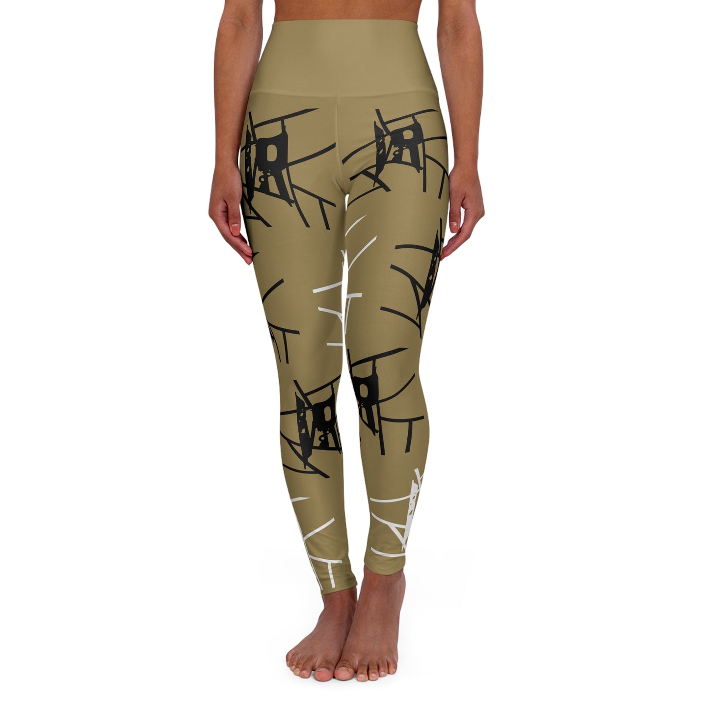 Leggings de yoga de cintura alta con estampado integral IR Gold y logotipo en blanco y negro (POD)