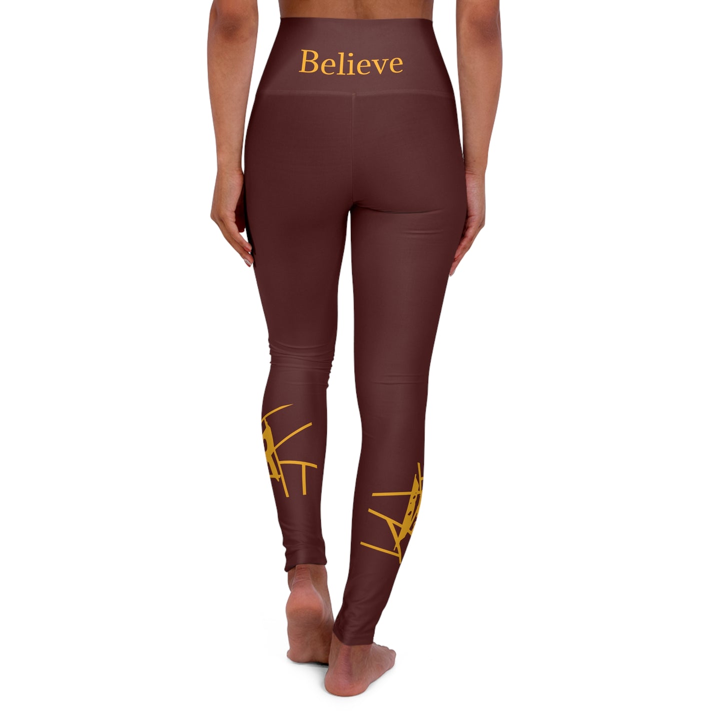 Leggings de yoga de cintura alta IR Borgoña Beat The Odds/Believe con logotipo dorado (POD)