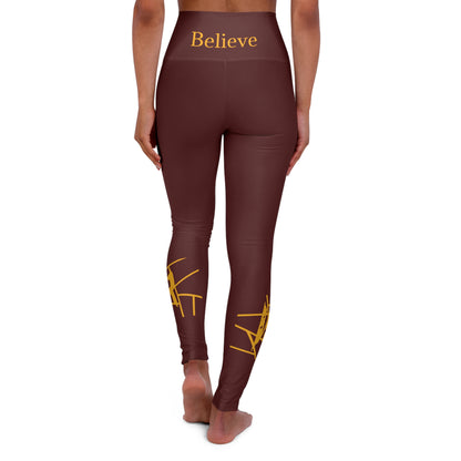 IR Burgundy Beat The Odds/Believe High Waisted Yoga Leggings with gold logo