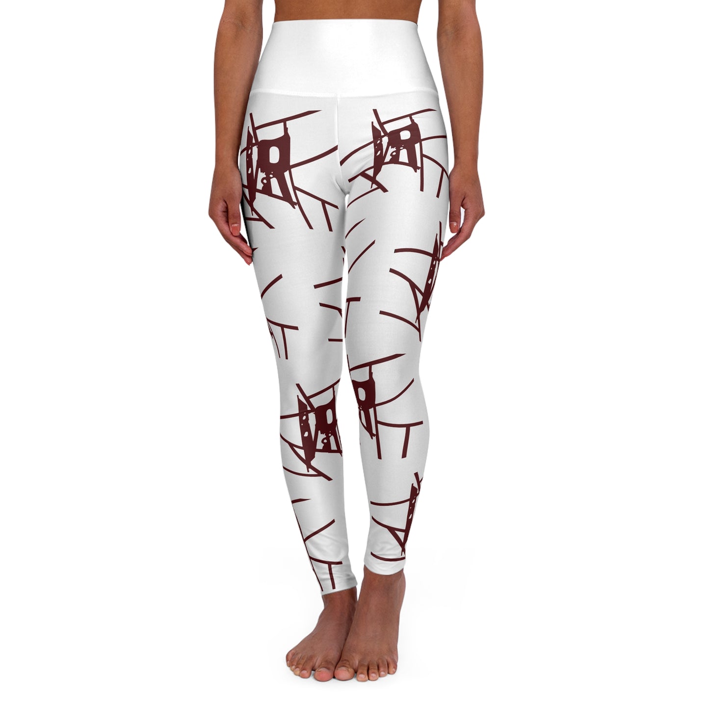 IR White All Over Print High Waisted Yoga Leggings With maroon logo