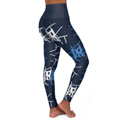 IR Navy Blue All Over Print High Waisted Yoga Leggings with light blue/white logo