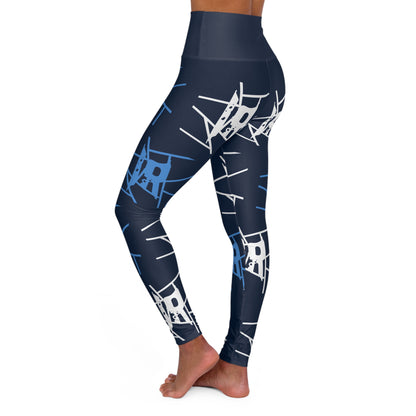 IR Navy Blue All Over Print High Waisted Yoga Leggings with light blue/white logo