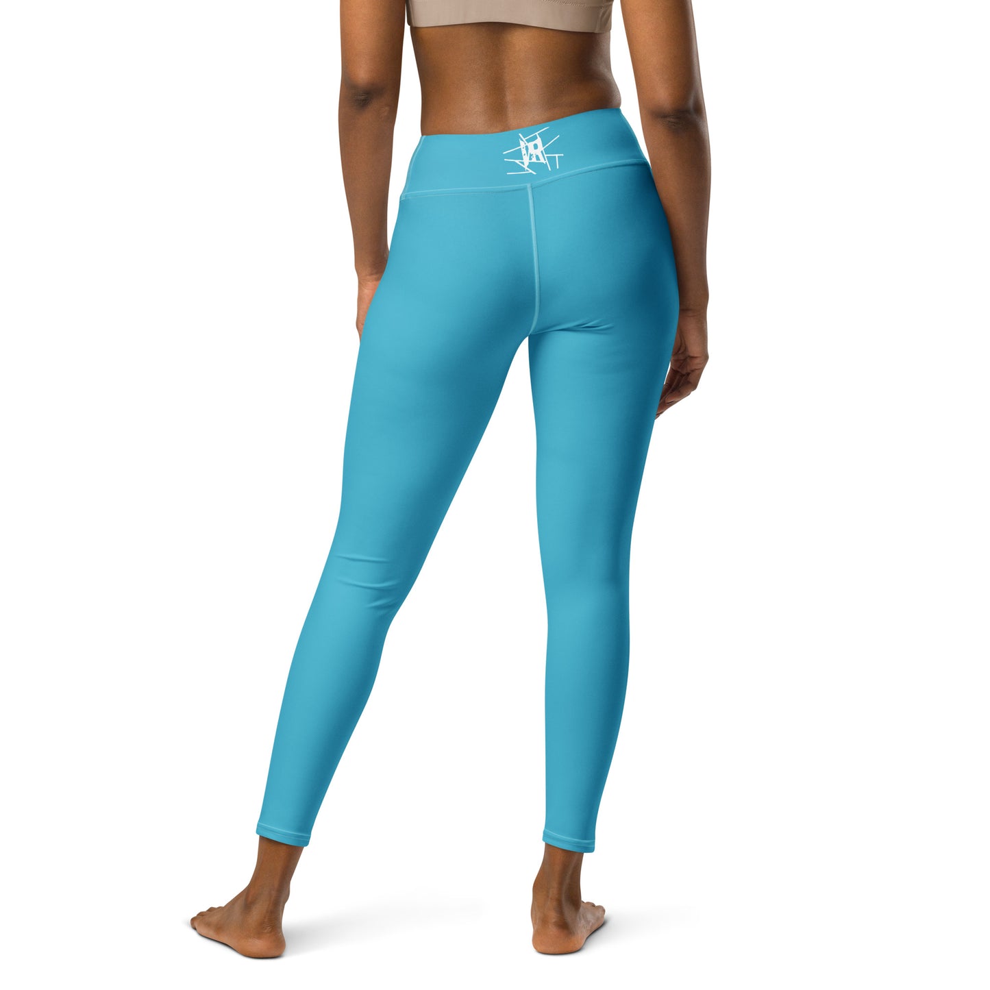 Leggings de cintura média IR verão azul celeste com logotipo na cintura (POD)