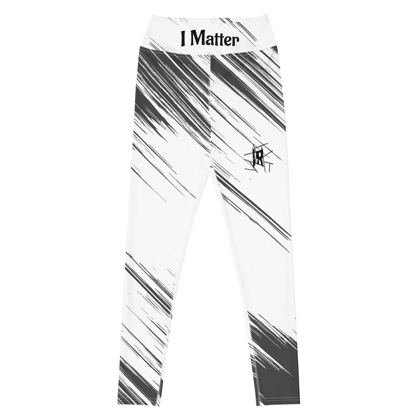 Leggings de ioga de cintura média IR branco/preto abstrato com logotipo pequeno / I Matter - Supere as probabilidades